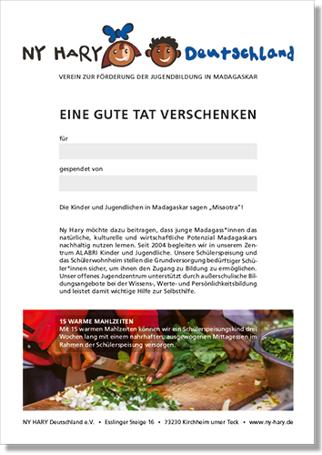 Geschenk-Urkunde für 15 Mahlzeiten im Wohnheim ALABRI – von Ny Hary Deutschland e.V.