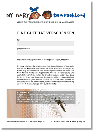 Geschenk-Urkunde für 40 Mostkitonetze im Wohnheim ALABRI – von Ny Hary Deutschland e.V.