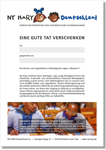 Geschenk-Urkunde für Mathe-Nachhilfe im Wohnheim ALABRI – von Ny Hary Deutschland e.V.
