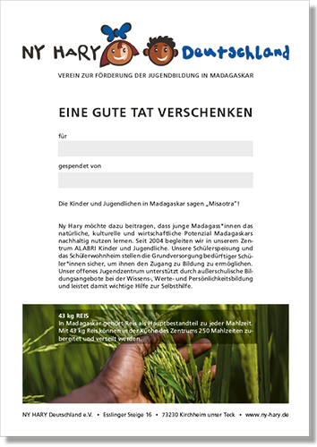 Geschenk-Urkunde für 43 kg Reis im Wohnheim ALABRI – von Ny Hary Deutschland e.V.