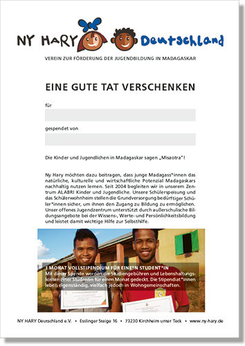 Geschenk-Urkunde für ein Vollstipendium Student*in – von Ny Hary Deutschland e.V.