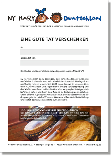 Geschenk-Urkunde für einen Trommelkurs im Wohnheim ALABRI – von Ny Hary Deutschland e.V.