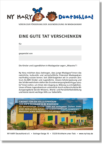 Geschenk-Urkunde für ein Vollstipendium im Wohnheim ALABRI – von Ny Hary Deutschland e.V.