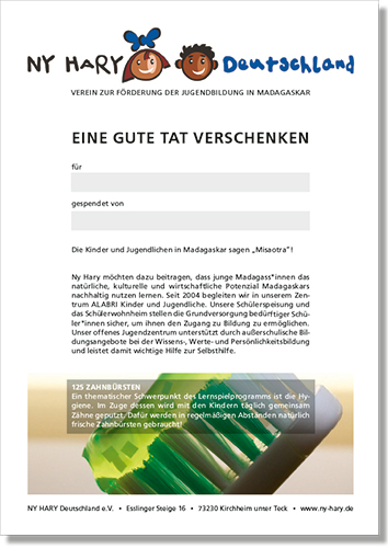 Geschenk-Urkunde für 125 Zahnbürsten im Wohnheim ALABRI – von Ny Hary Deutschland e.V.