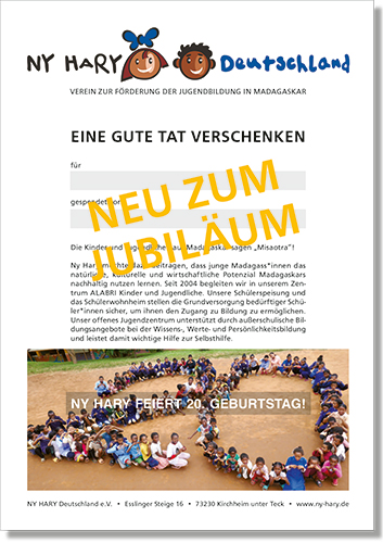 Geschenk-Urkunde zum 20-jährigen Jubiläum von Ny Hary Deutschland e.V.